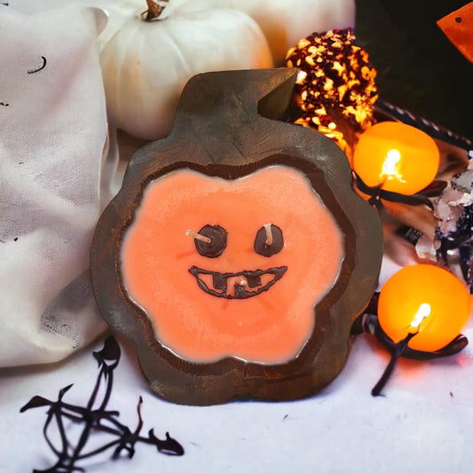 Hand Carved Wooden Bowl Candle - Pumpkin Jack o'Lantern (Halloween)