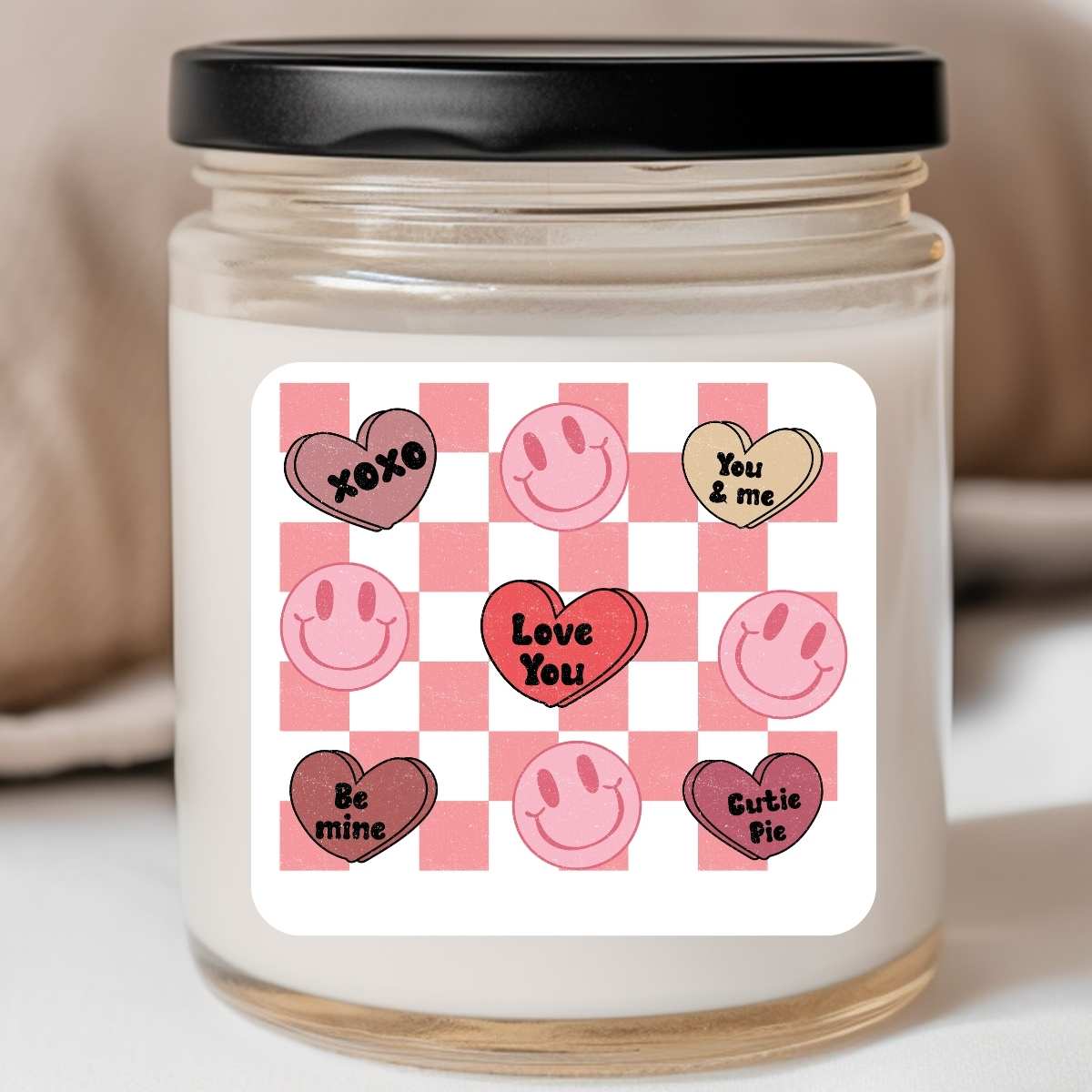 Groovy - Conversation Hearts Checkerboard Valentines Jar Candle