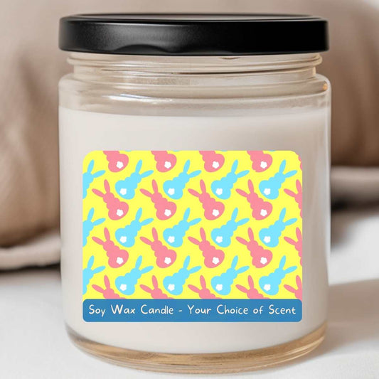 Bunny Print Yellow/Coral/Teal - Easter 8oz Jar Candle (#115)