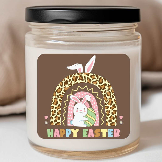 Rainbow Bunny Happy Easter Leopard Western - Easter 8oz Jar Candle (#189)