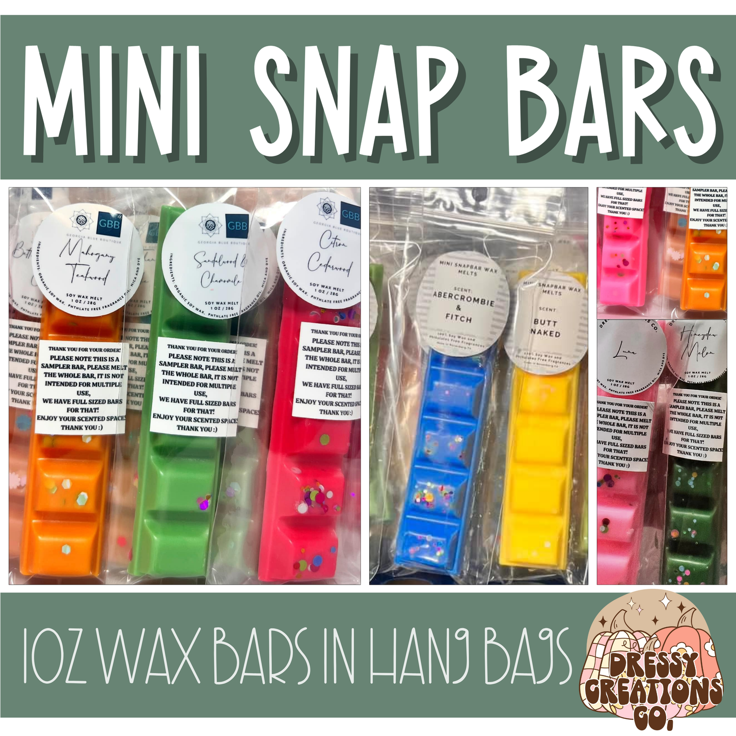 Snap Bar Wax Melts - Mini 1oz - In Hang Bags !MOQ 20!