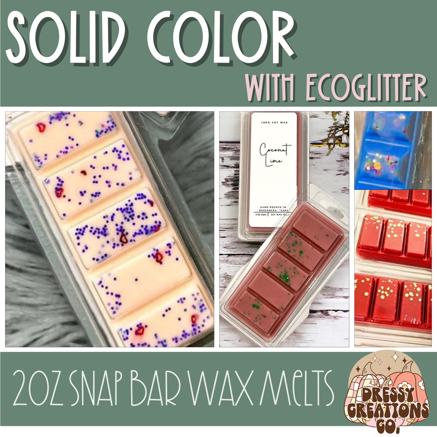 Clamshell Snap Bar Wax Melts - 2oz - Solid Color with Ecoglitter !MOQ 12!